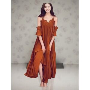 Genuine People Rust  Orange Maxi Dress Sz M Lace Cold Shoulder Strappy Boho